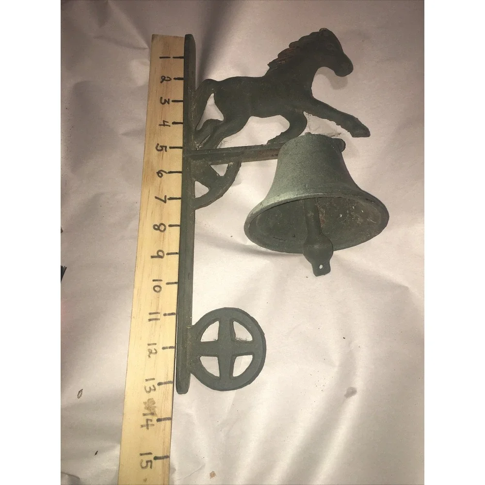 VINTAGE CAST IRON DOOR BELL WITH HORSE WALL MOUNT METAL Patina Needs String